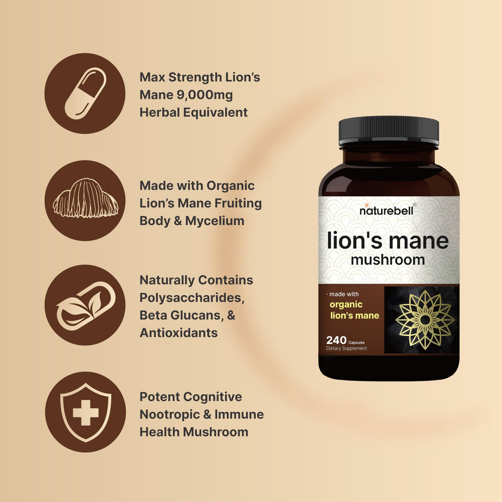 Closeup of NatureBell Lions Mane label showing organic, non-GMO formulation.