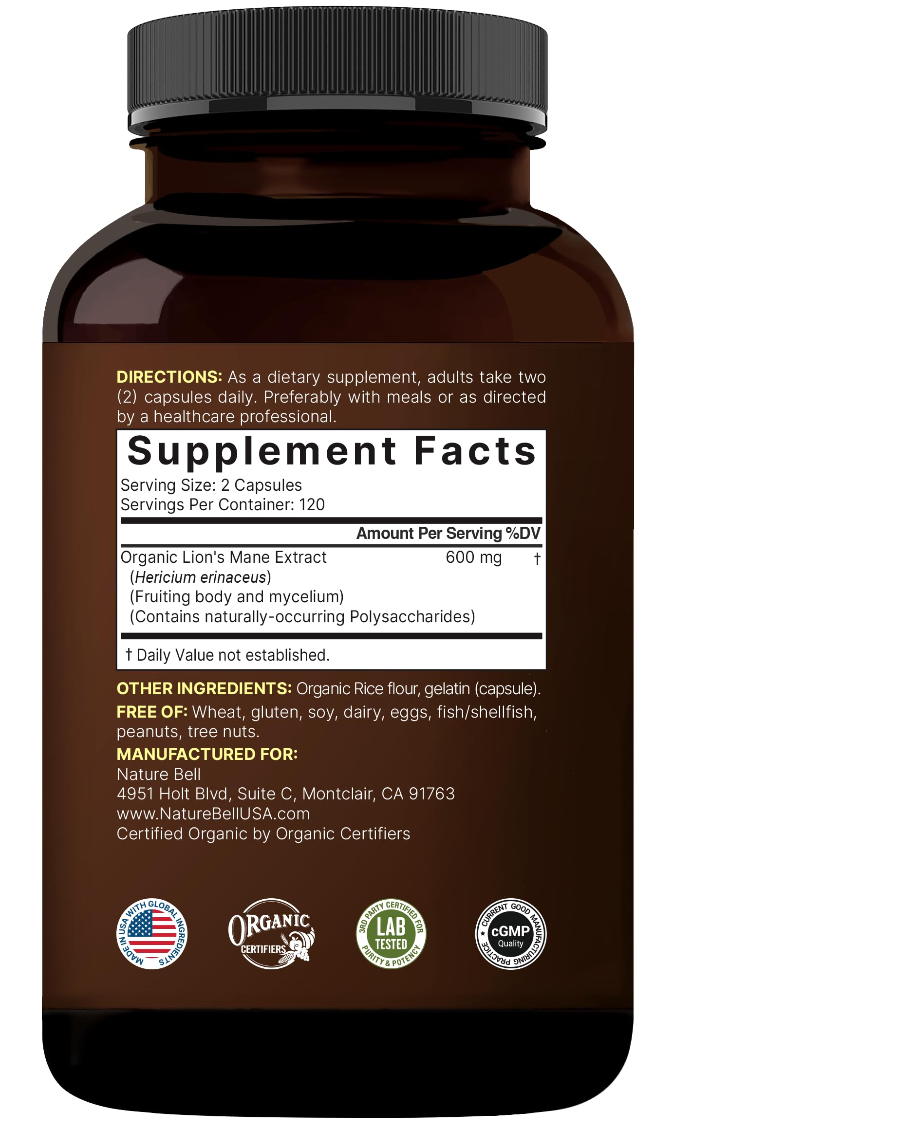 NatureBell Lions Mane organic ingredients emphasize a clean, allergen-free profile.