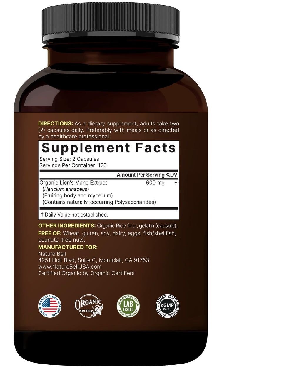 NatureBell Lions Mane organic ingredients emphasize a clean, allergen-free profile.