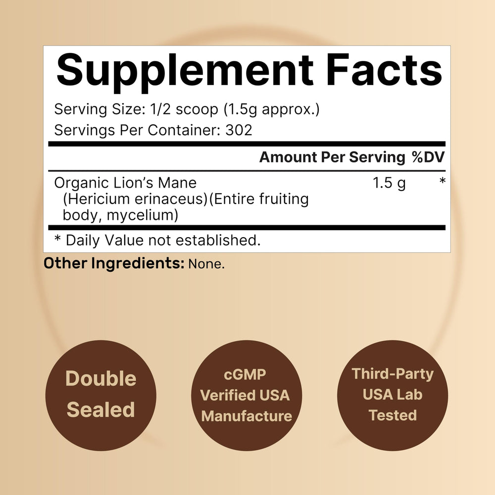 NatureBell Lion's Mane powder pouch highlights 1 lb size for long-term use.