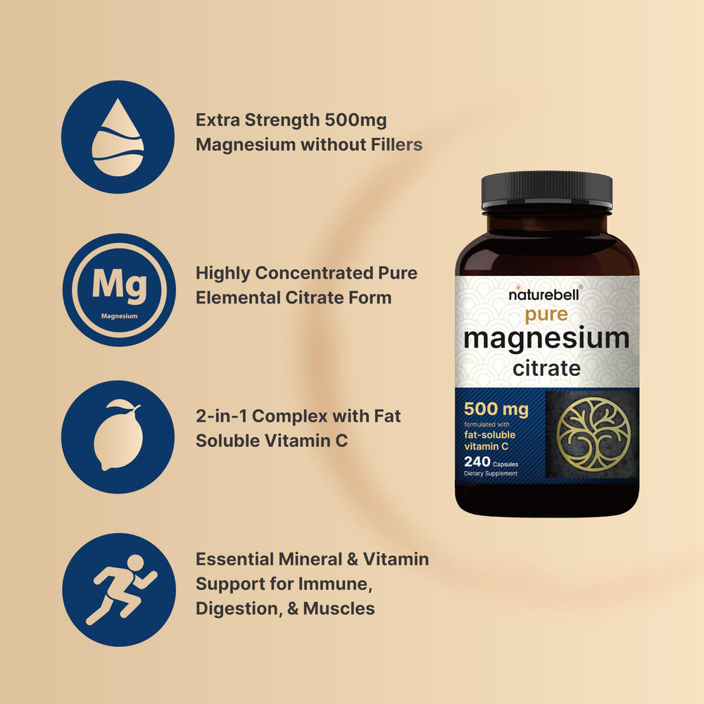 NatureBell magnesium citrate 500mg label detailing non-GMO and gluten-free claims