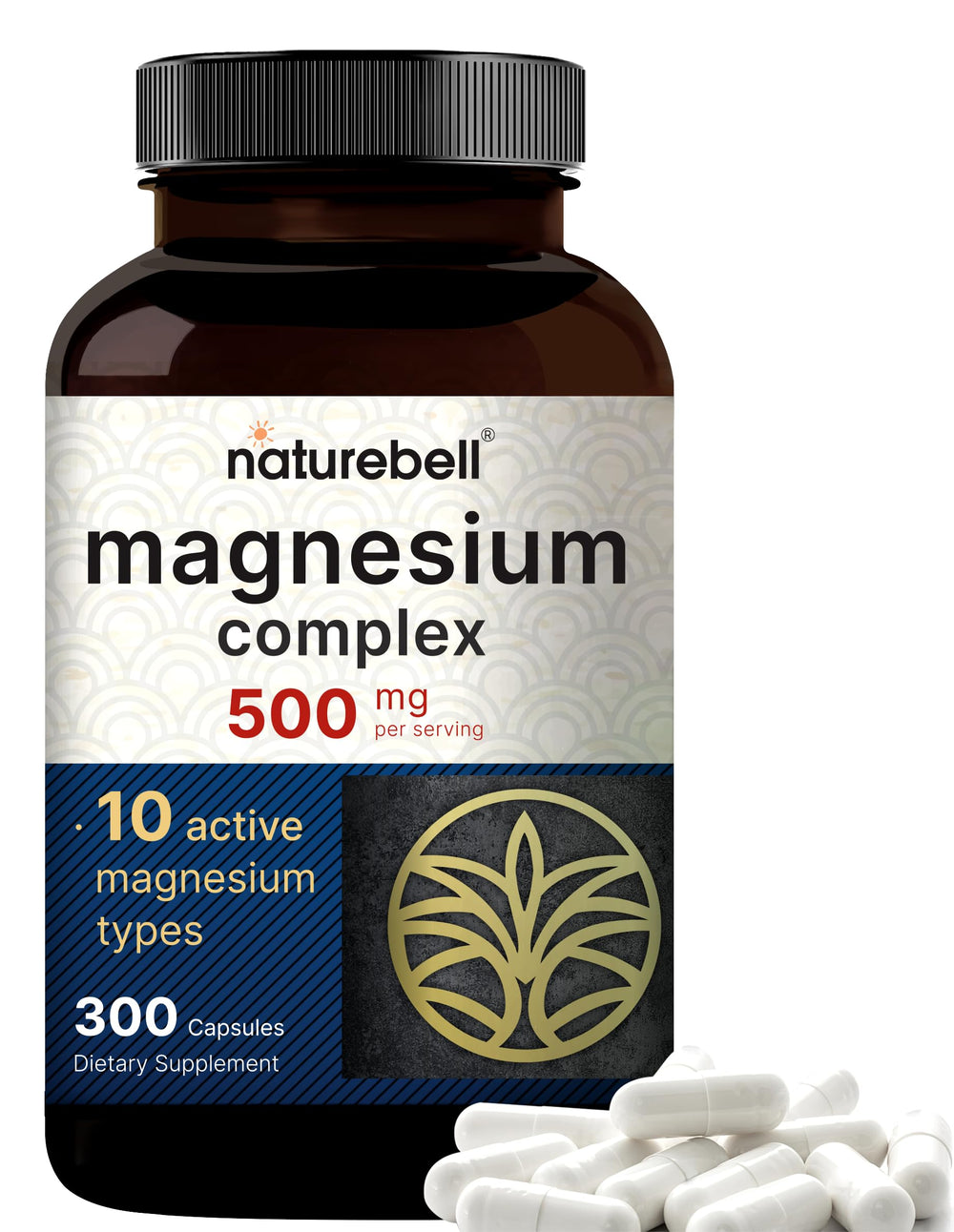 NatureBell Magnesium Complex bottle shows a 300 capsule supply for daily mineral support.