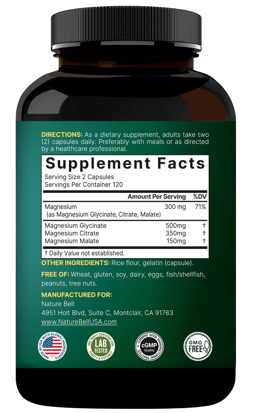 NatureBell ingredients panel highlighted for chelated and purified magnesium.