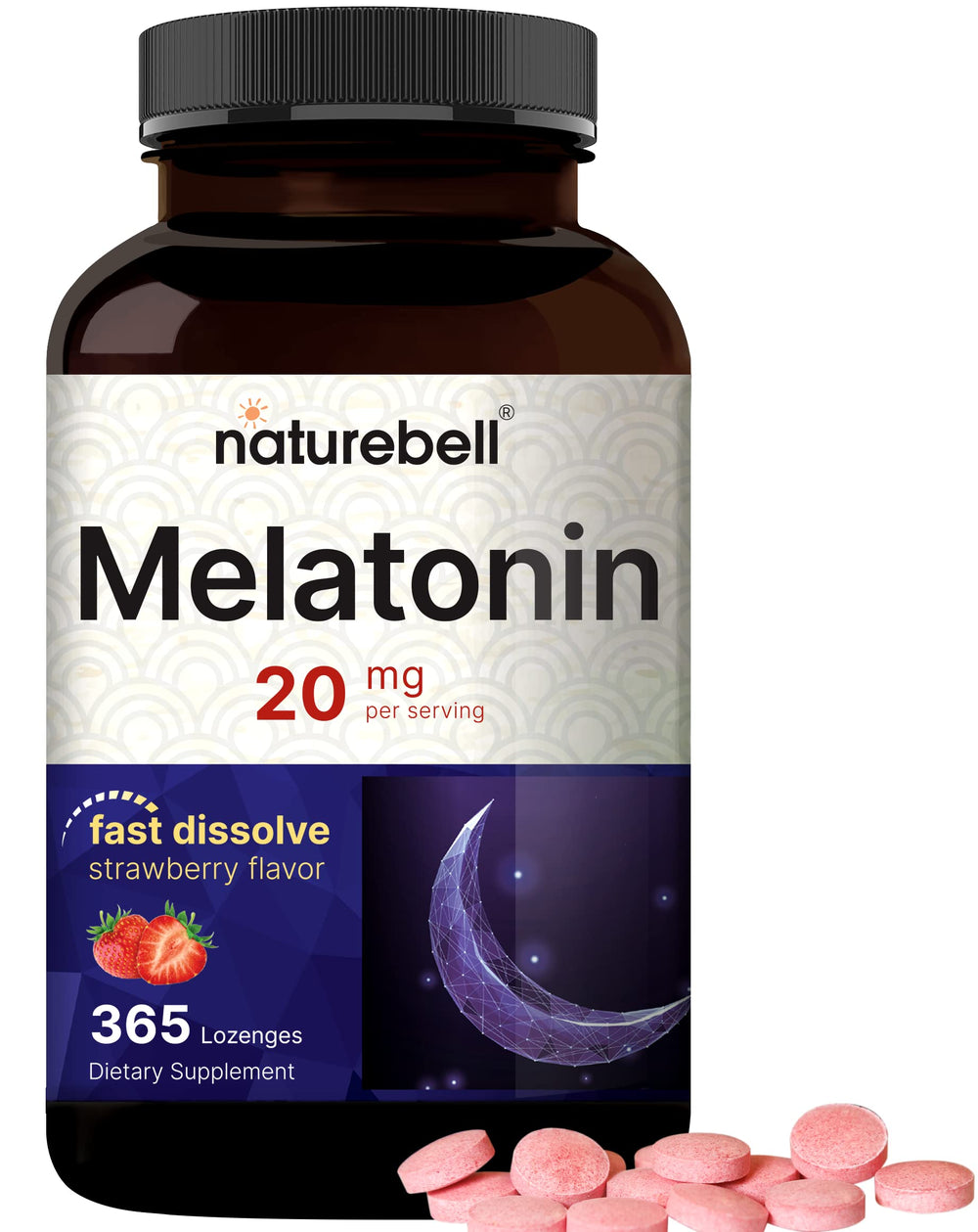 NatureBell melatonin 20mg bottle front with strawberry flavor for restful nights.