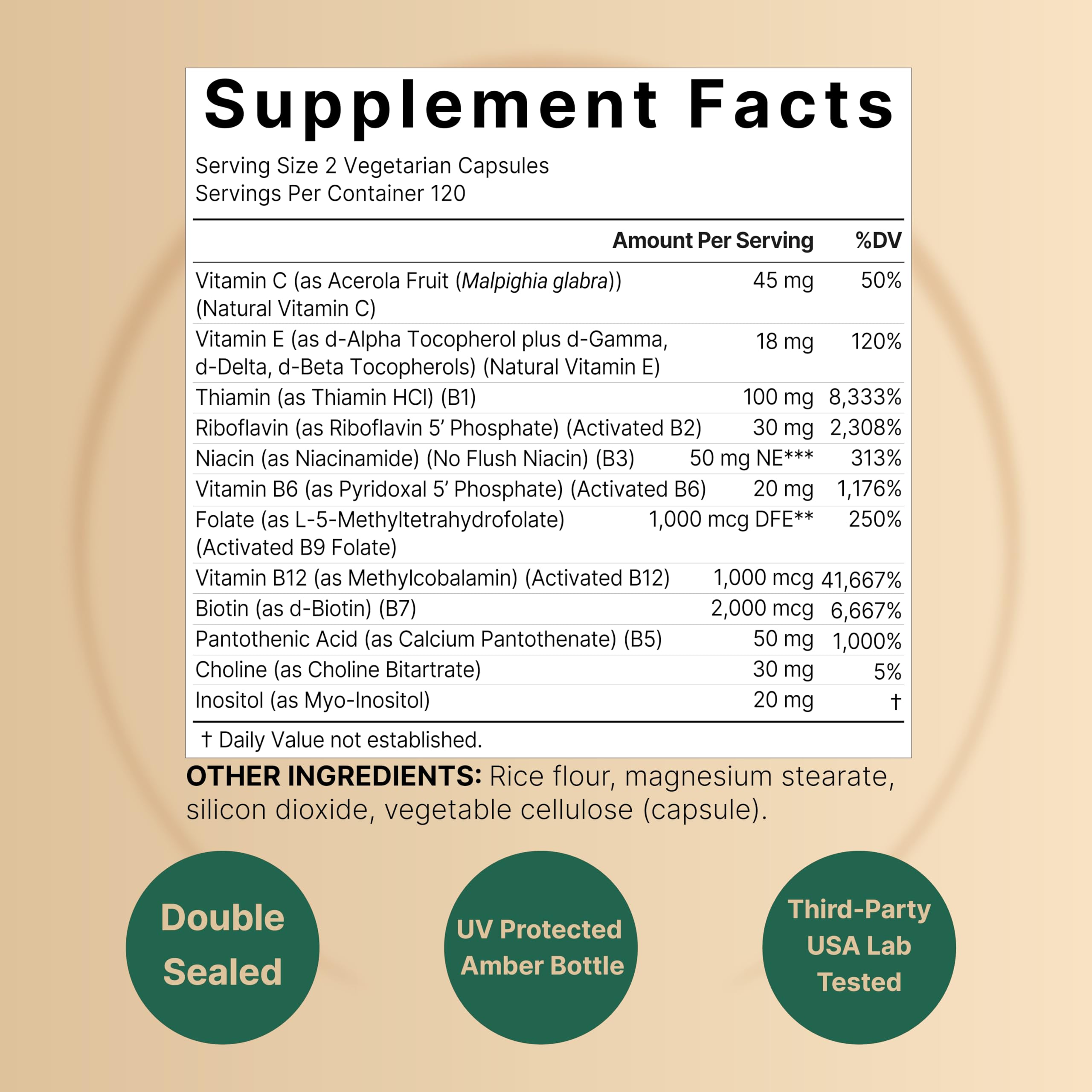 NatureBell Methylated B Complex ingredients panel highlights bioactive vitamins.