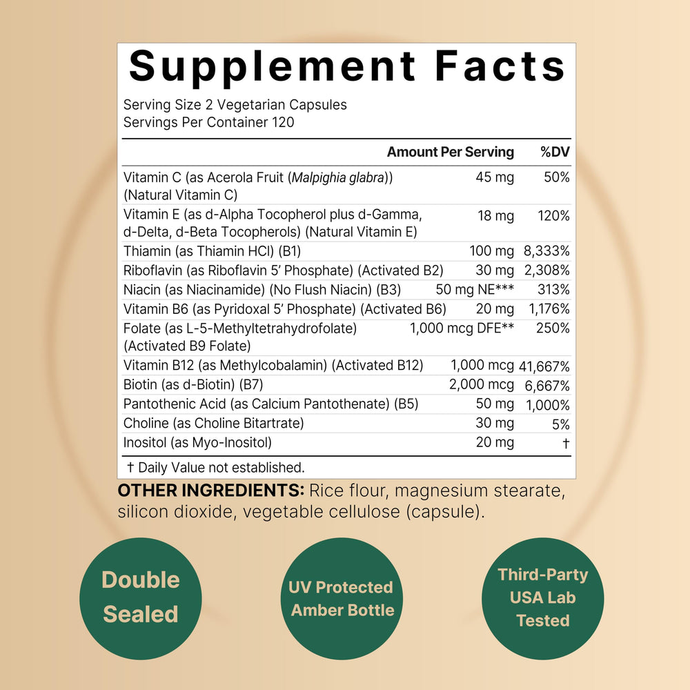 NatureBell Methylated B Complex ingredients panel highlights bioactive vitamins.