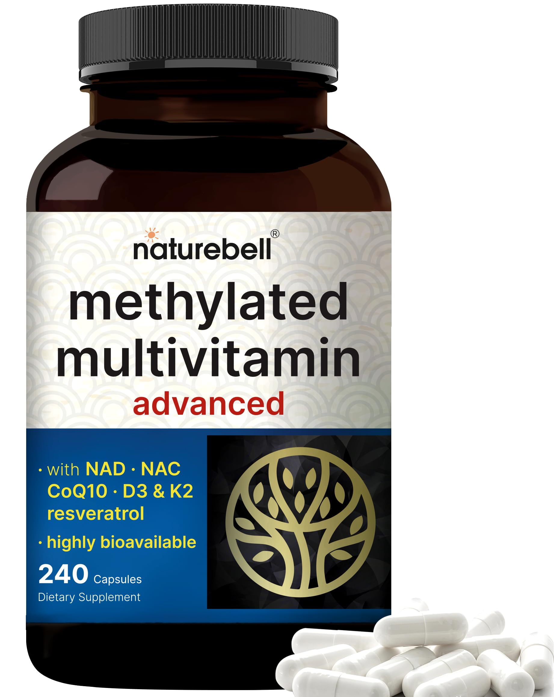 NatureBell methylated multivitamin bottle front showing 240 capsules for daily support