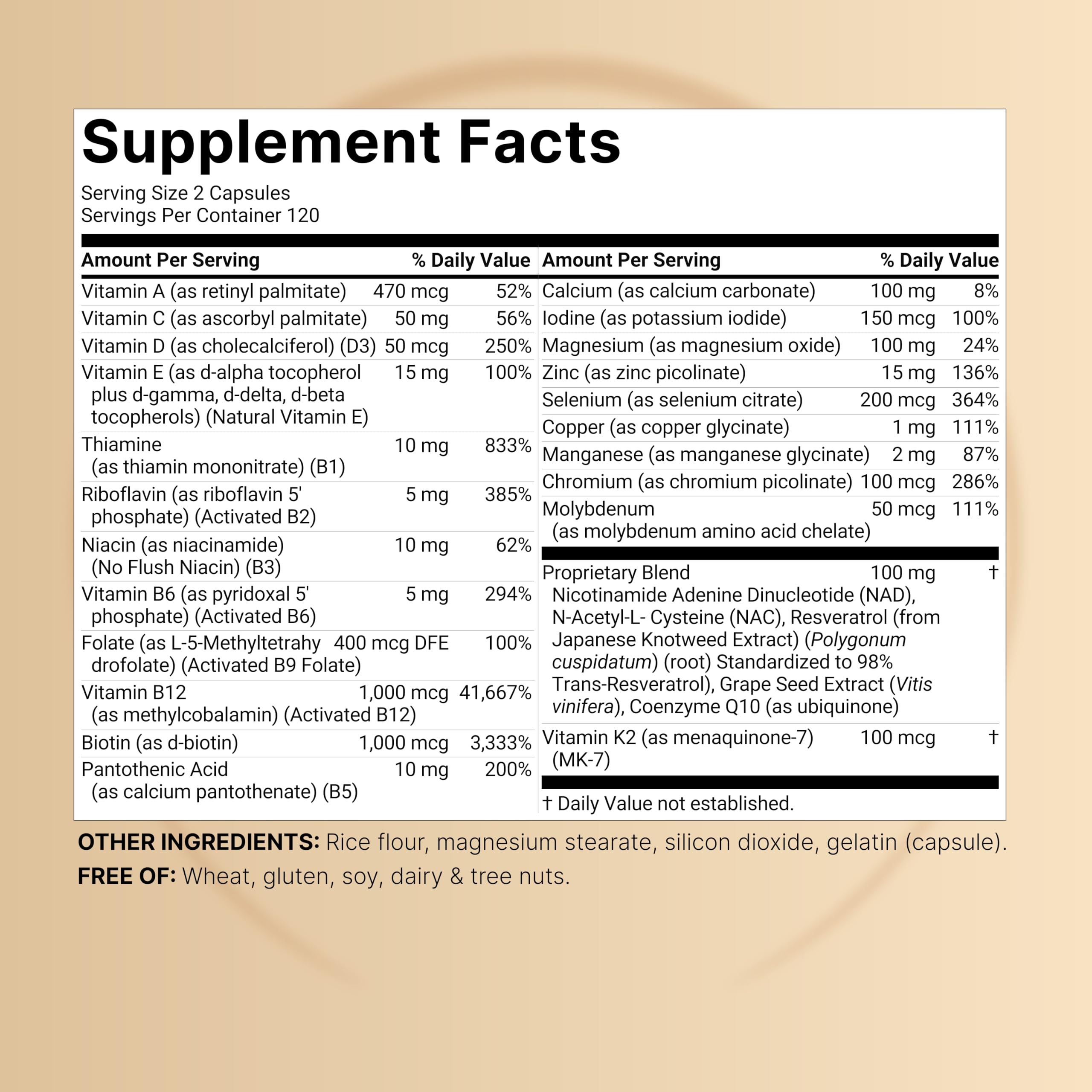 NatureBell methylated multivitamin label overview with 27 nutrients