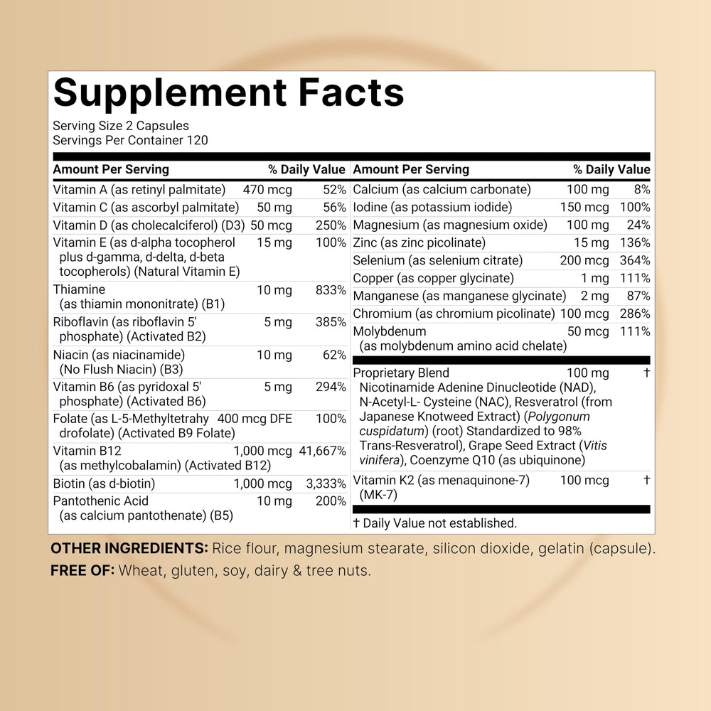 NatureBell methylated multivitamin label overview with 27 nutrients