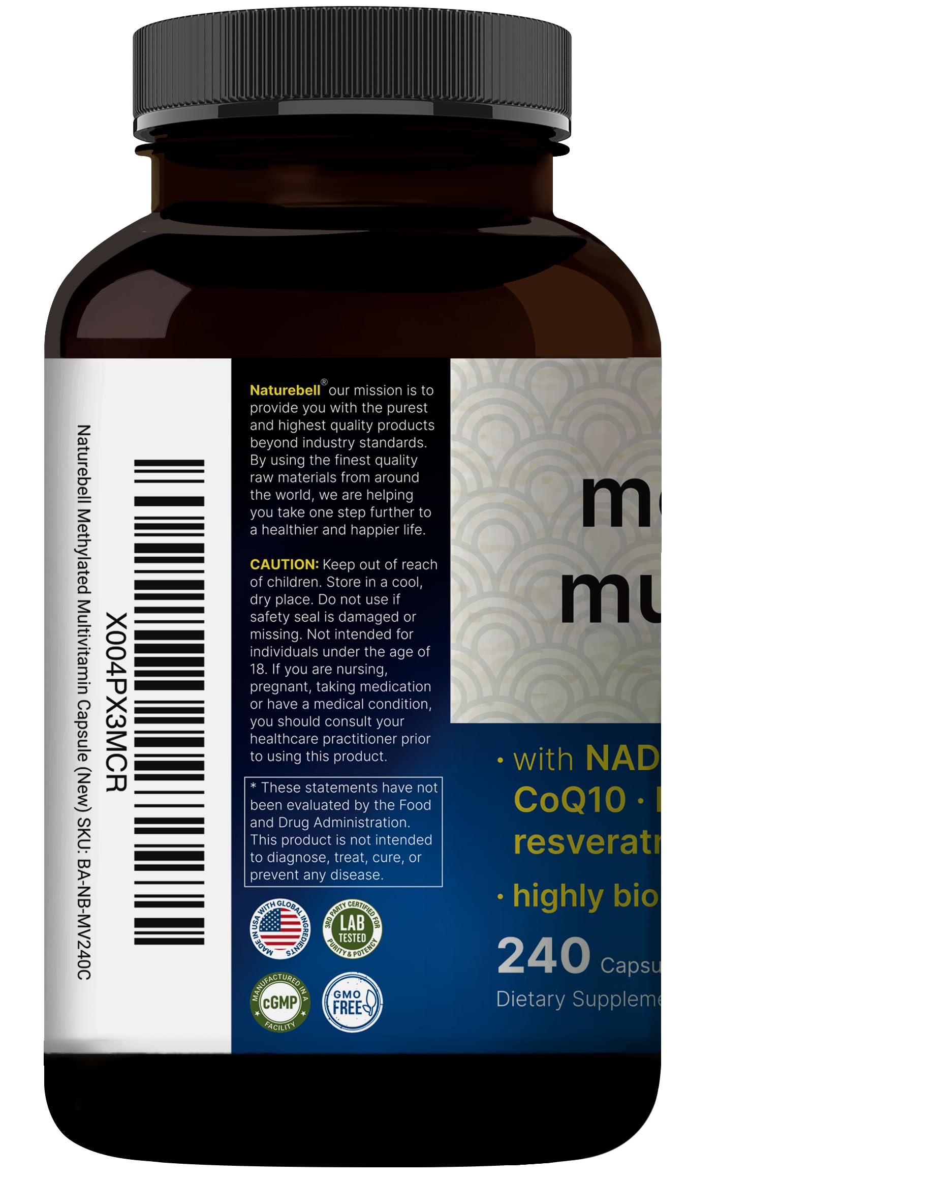 Third-party lab testing seal beside NatureBell methylated multivitamin box