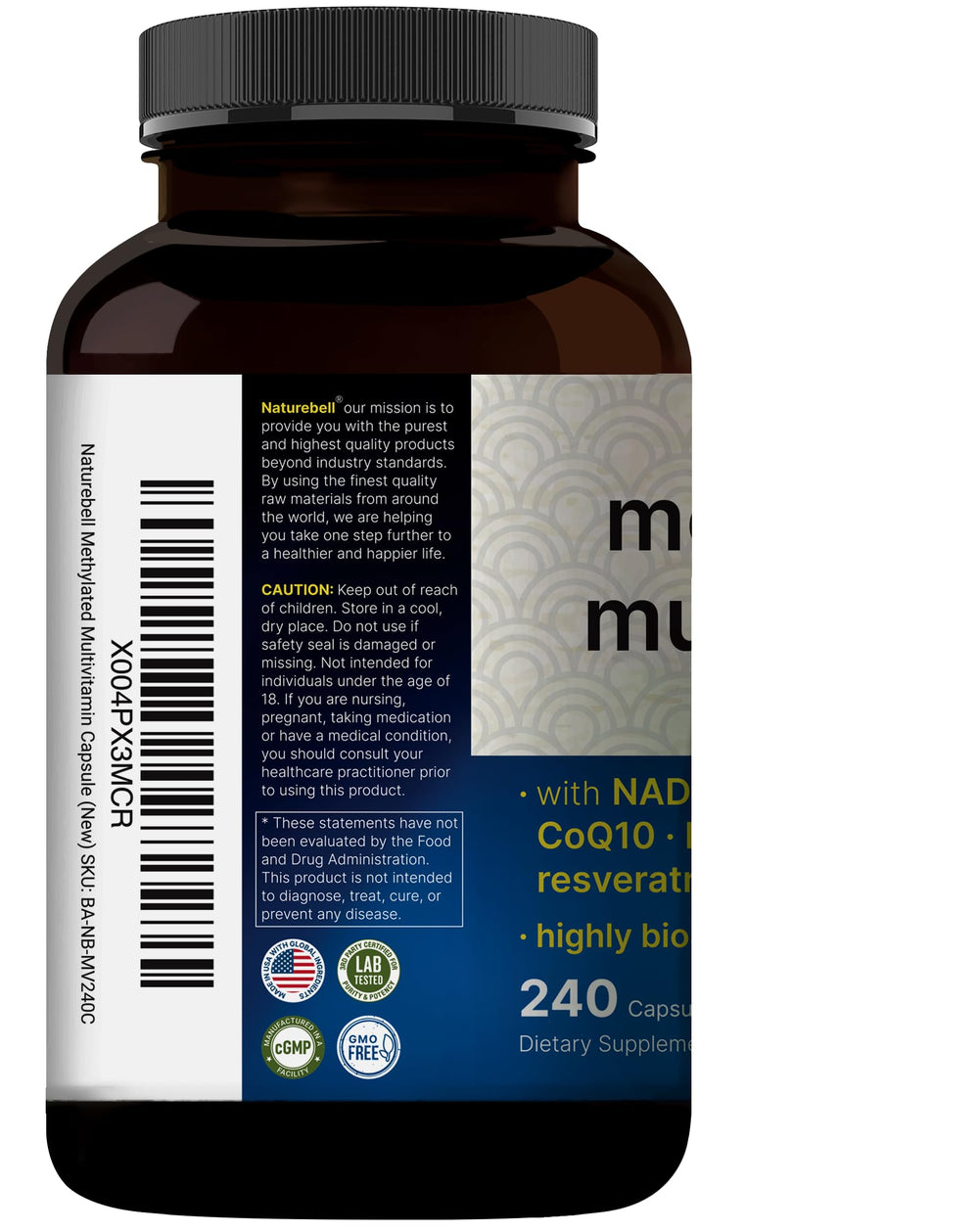 Third-party lab testing seal beside NatureBell methylated multivitamin box
