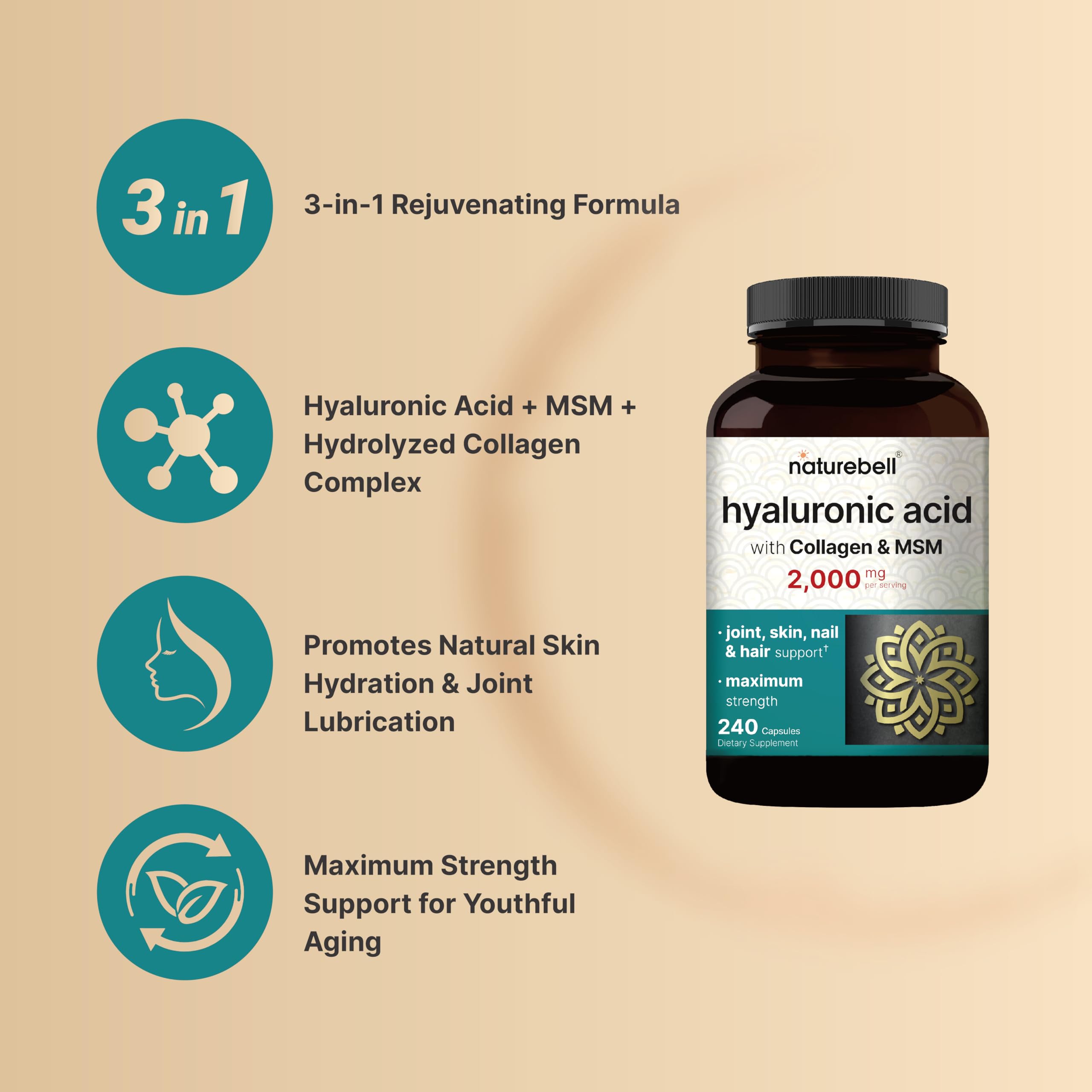 NatureBell MSM hydrolyzed collagen label highlighting 3-in-1 beauty support.