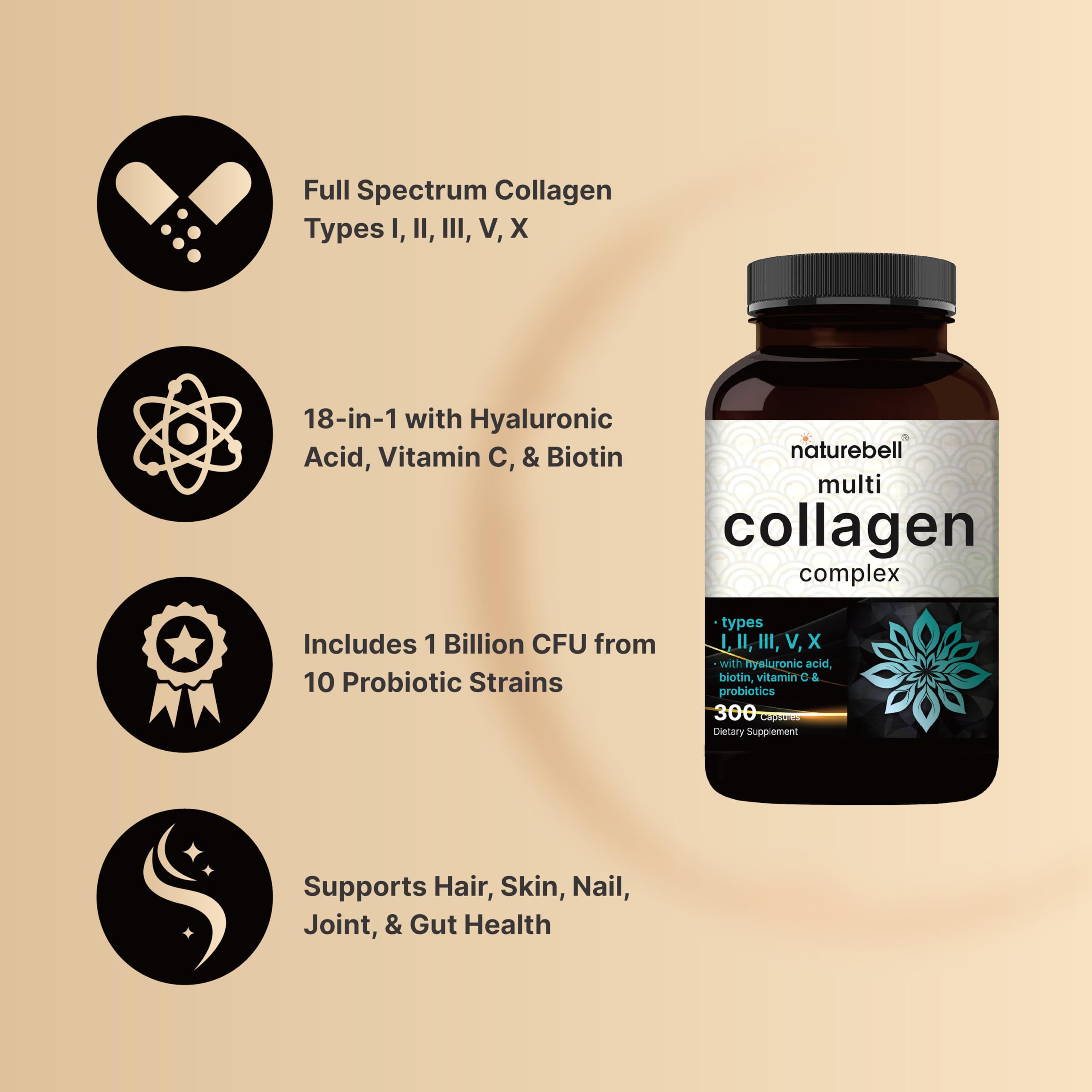 Front label of NatureBell Multi Collagen Complex, emphasizing non-GMO and allergen-free profile