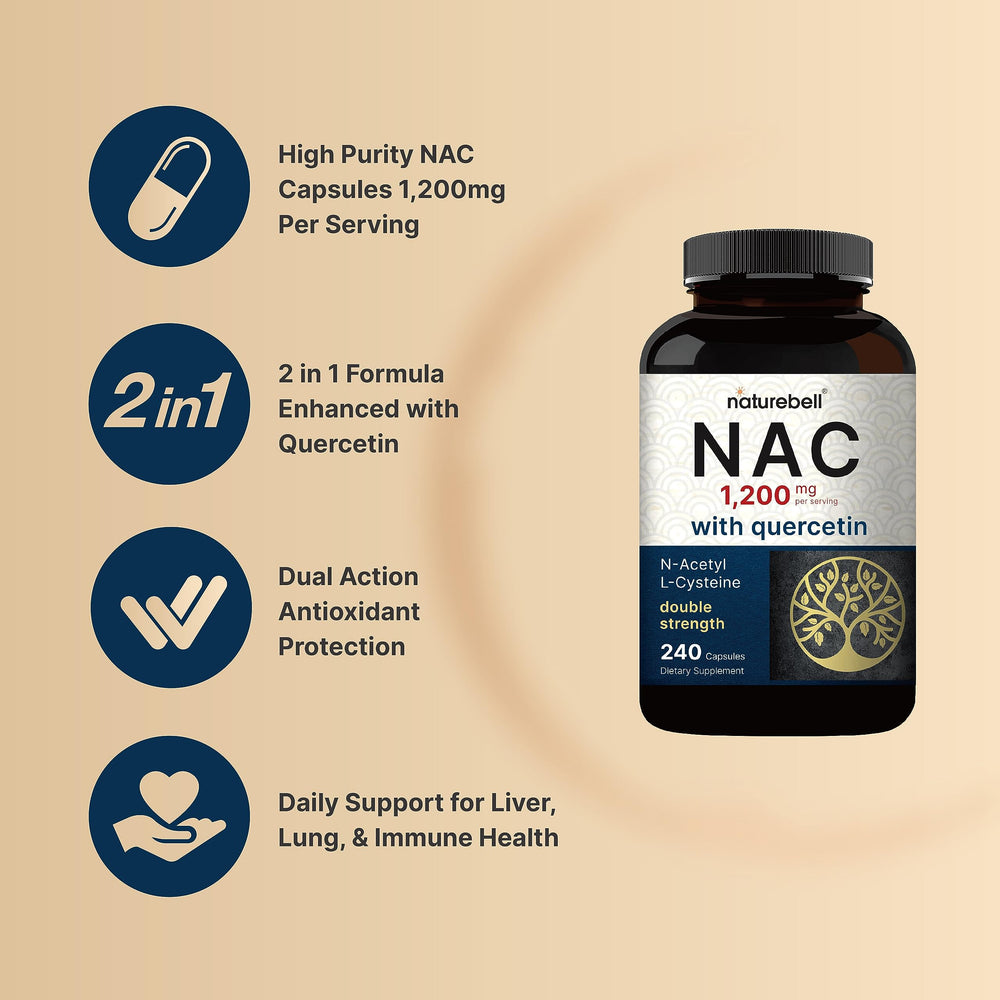 NatureBell NAC with quercetin dihydrate logo close up emphasizing 2 in 1 formula
