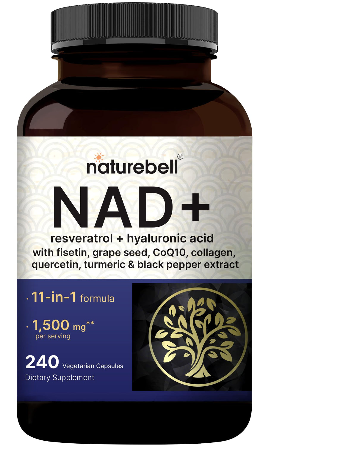 NatureBell NAD+ Plus bottle showing premium, vegetarian NAD+ support for daily energy and wellness.