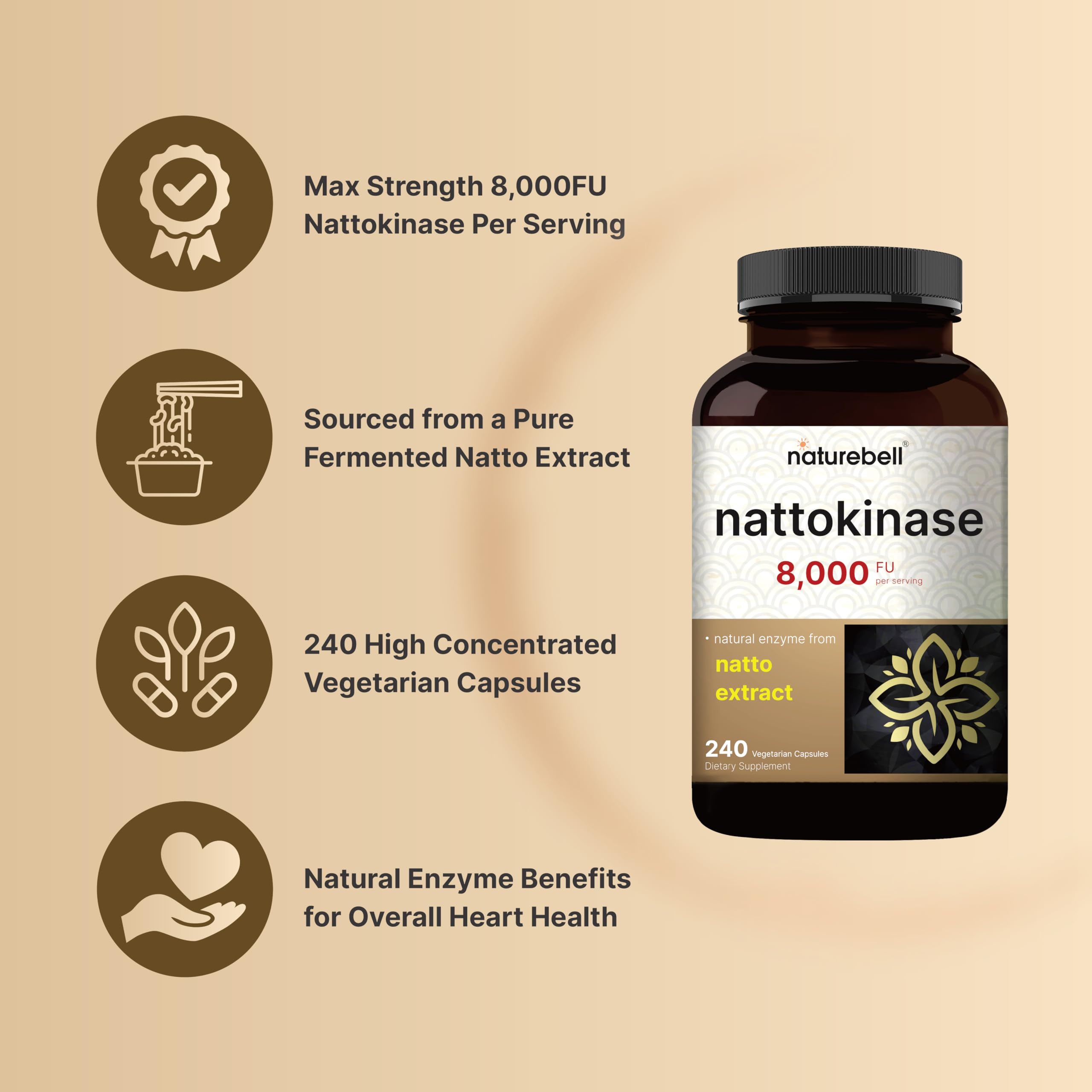 NatureBell nattokinase bottle with glass emphasizes easy integration.