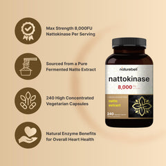 NatureBell nattokinase bottle with glass emphasizes easy integration.