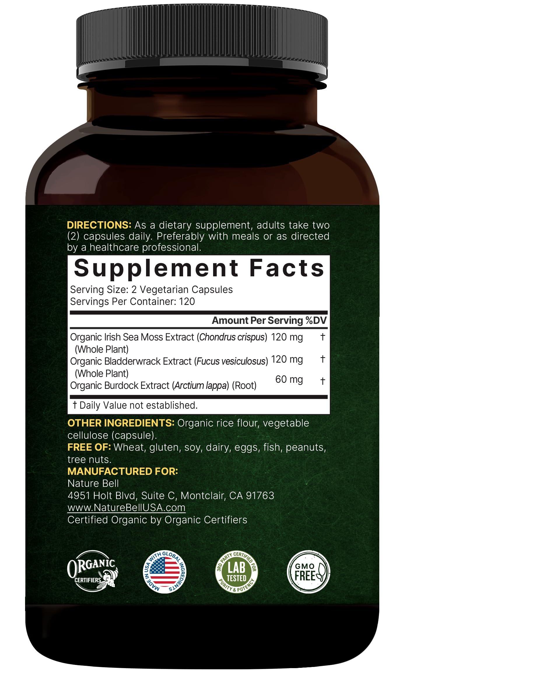 NatureBell non-GMO sea moss capsules on clean countertop.