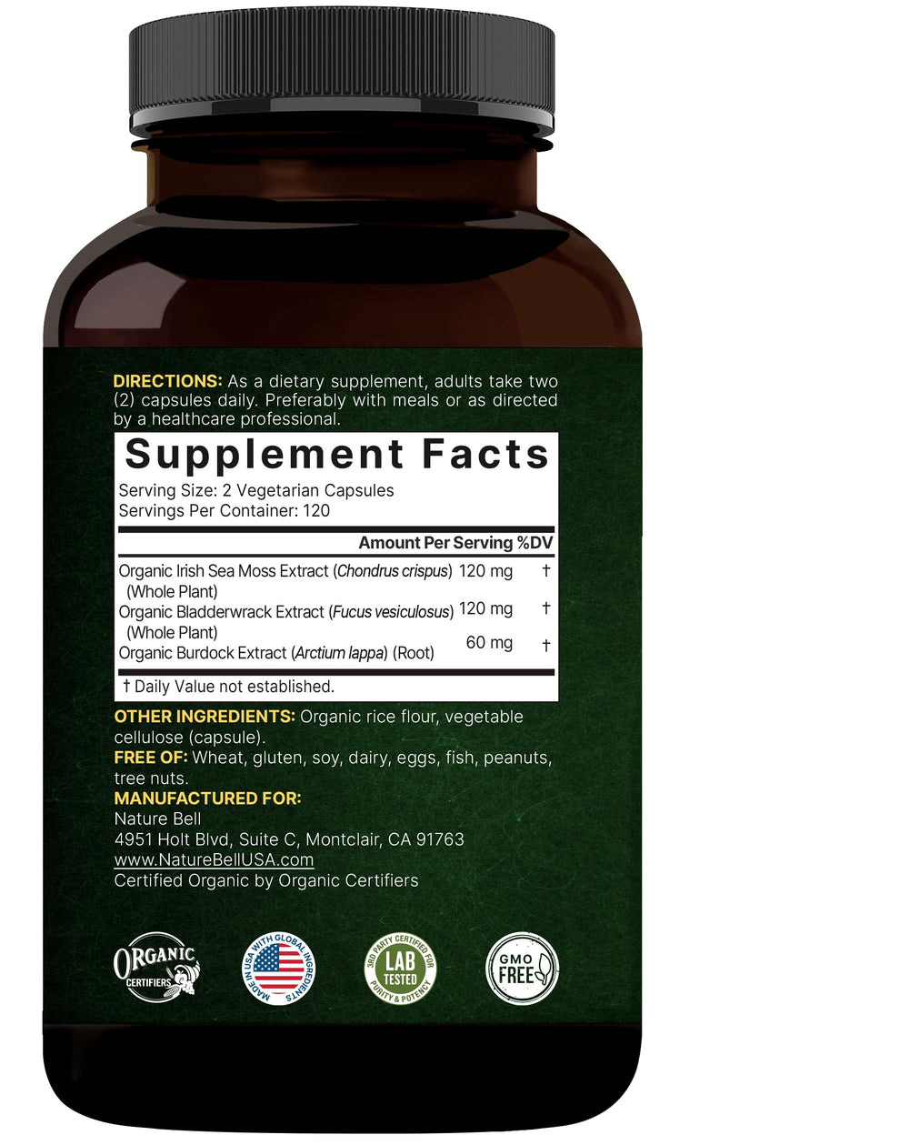 NatureBell non-GMO sea moss capsules on clean countertop.