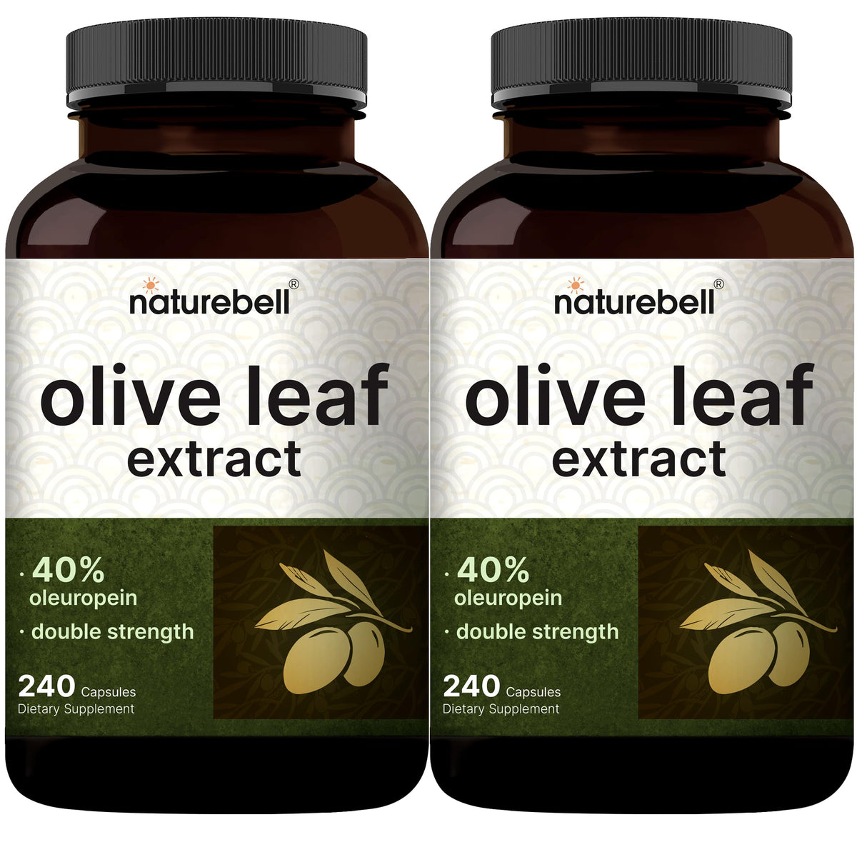 NatureBell olive leaf extract 2-pack bottle emphasizes extended supply and easy storage.