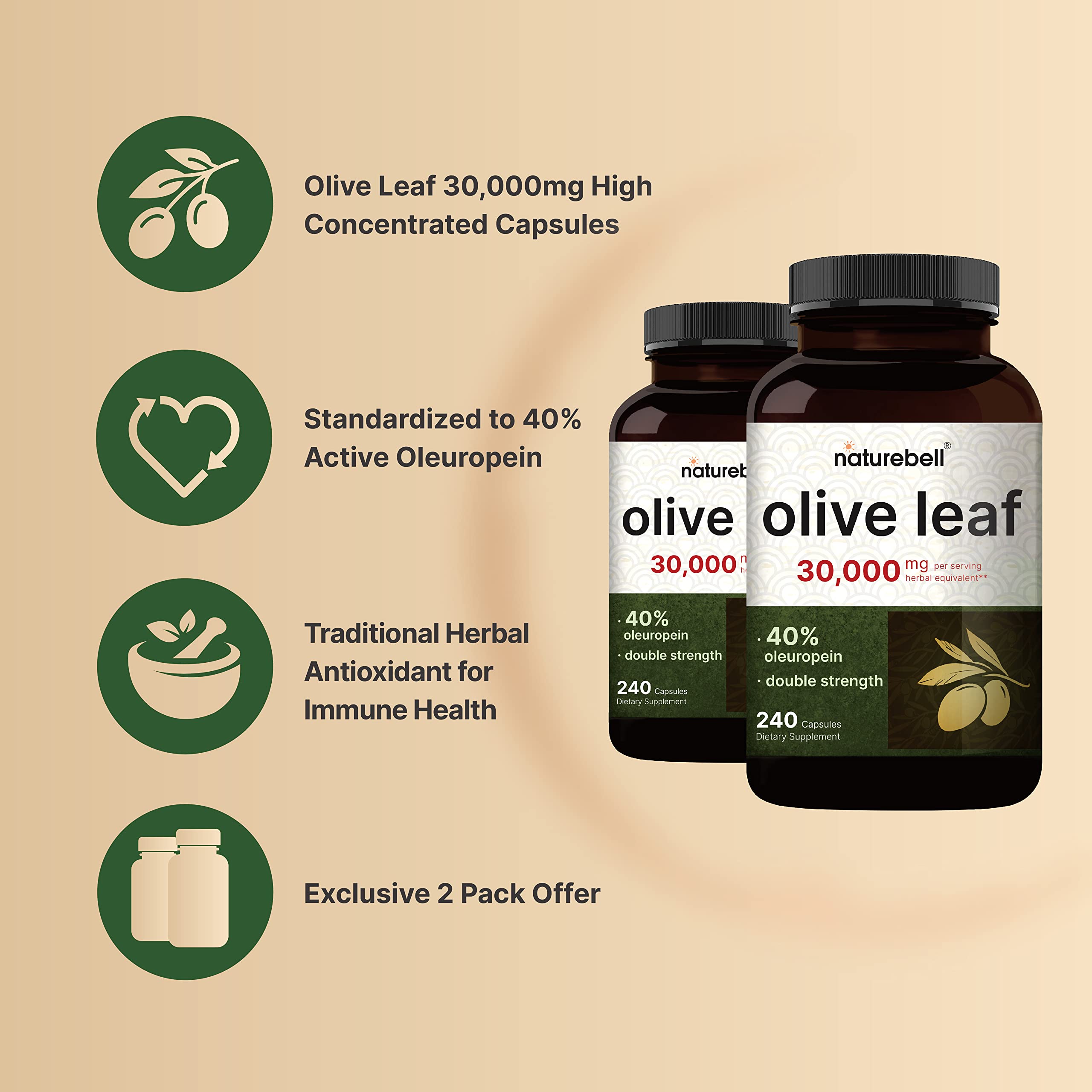 Bottle label for NatureBell olive leaf extract showing non-GMO purity and ingredients.
