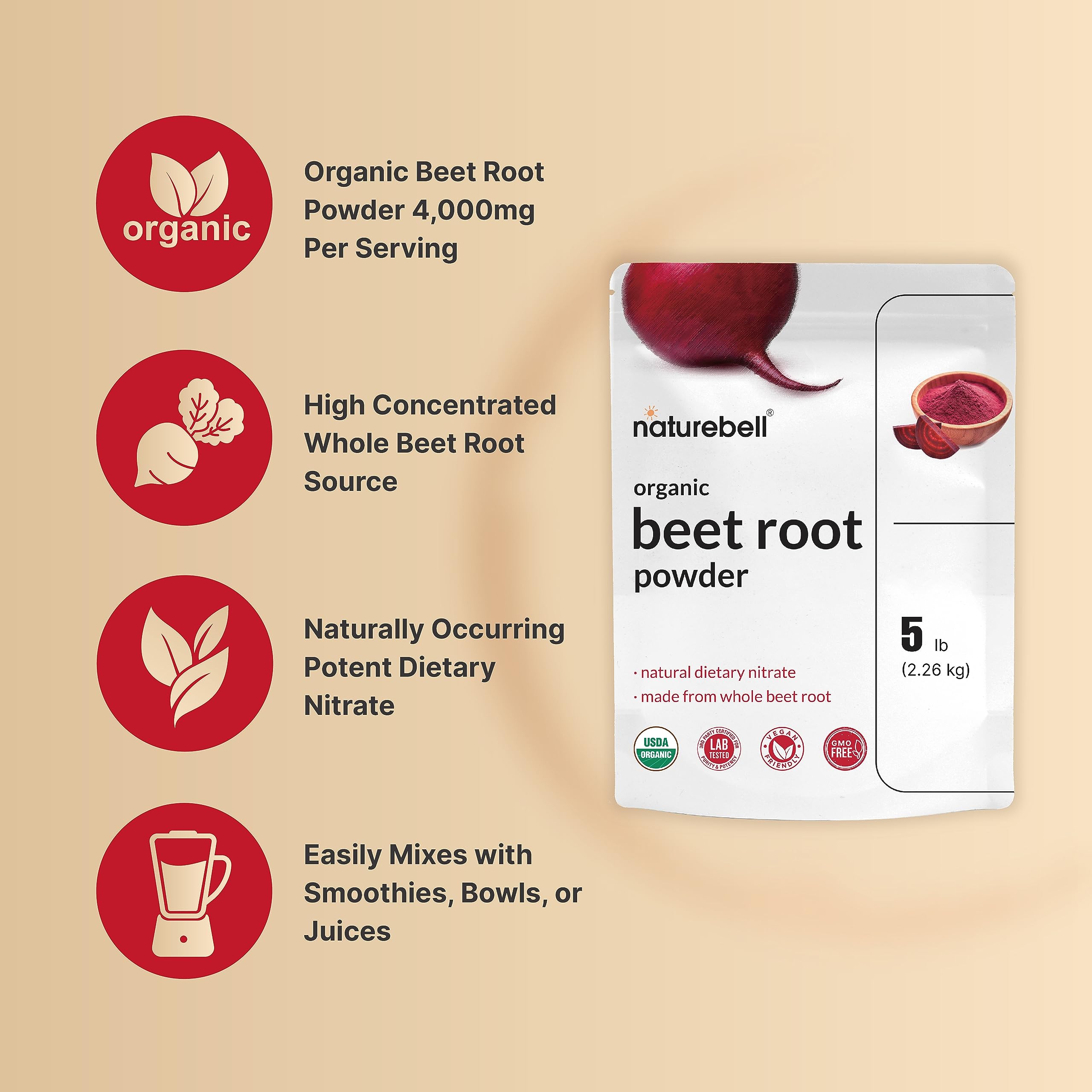 NatureBell organic beet root powder close-up, vibrant color and purity.