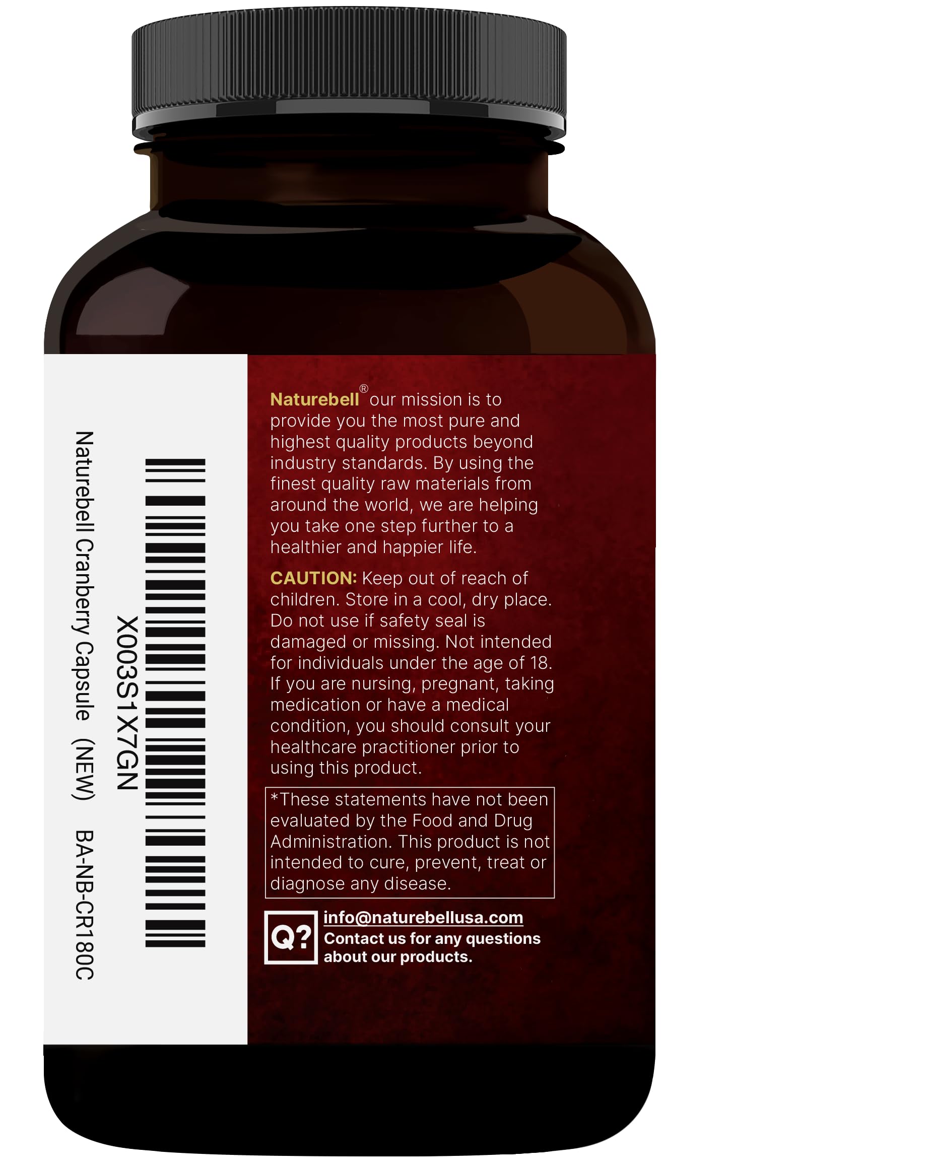 NatureBell organic ingredients label on cranberry supplement