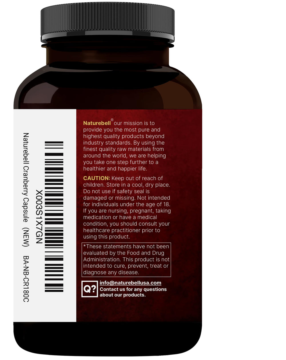NatureBell organic ingredients label on cranberry supplement