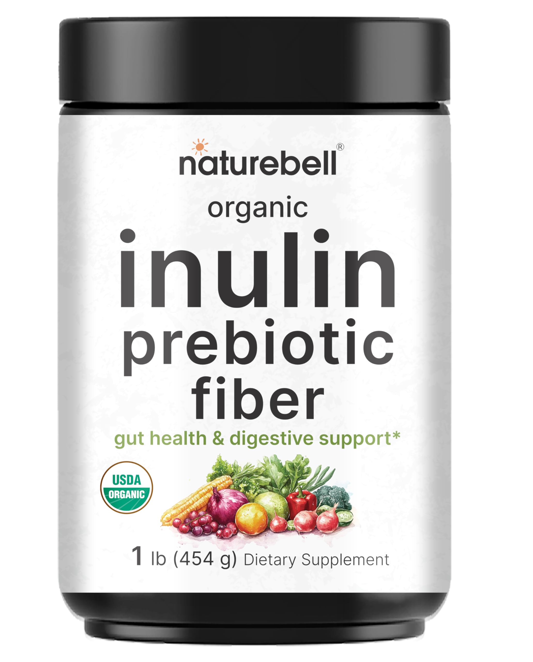 NatureBell Organic Inulin powder in a glass jar for easy daily fiber support.