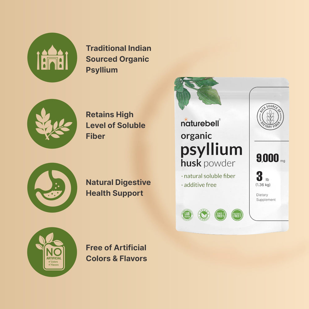 NatureBell organic psyllium husk powder container for easy daily fiber.