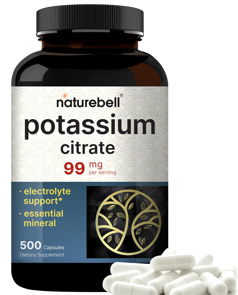 NatureBell potassium citrate 99mg bottle showing long lasting electrolyte supplement