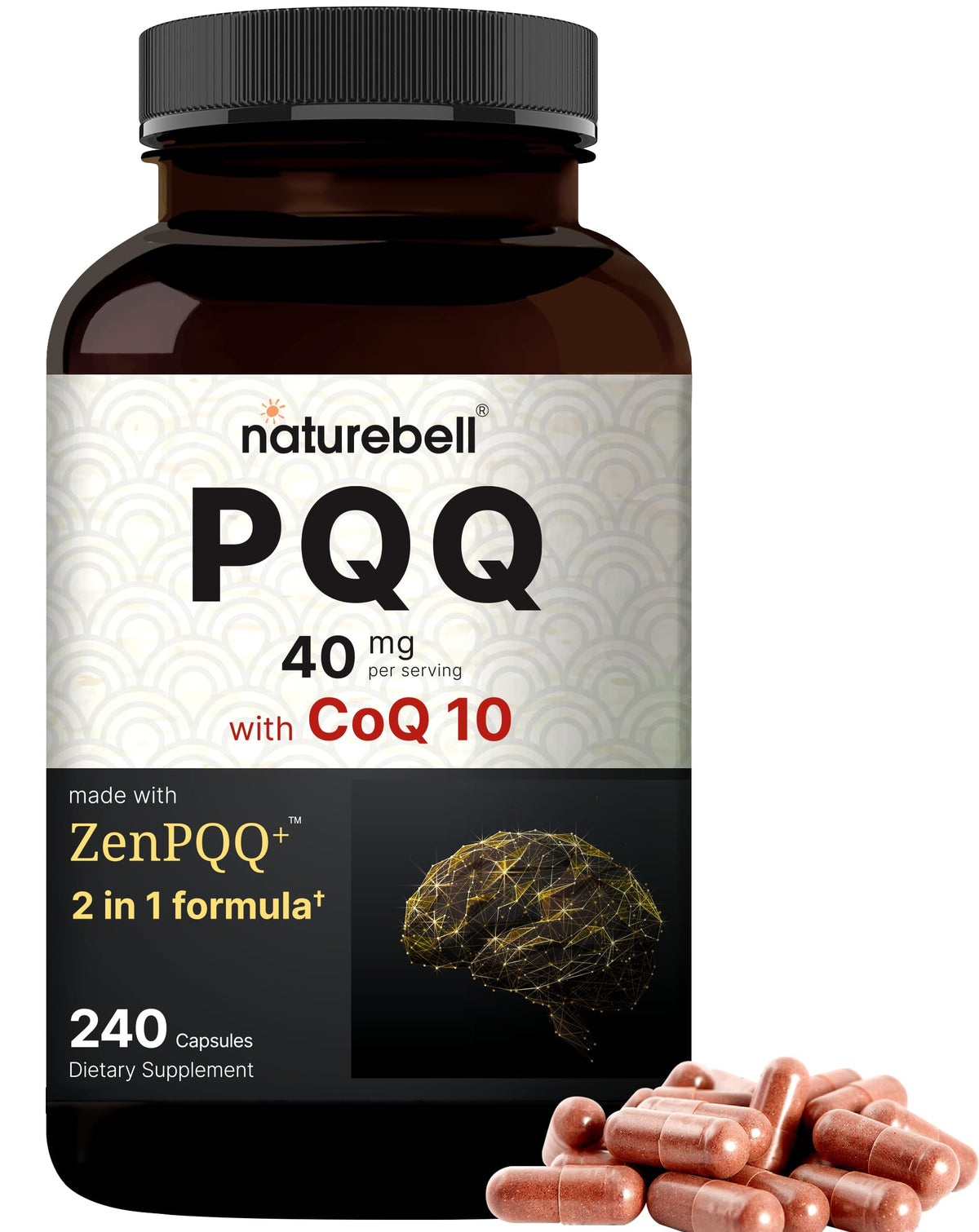 NatureBell PQQ + CoQ10 bottle on shelf highlighting ZenPQQ+ mitochondrial support