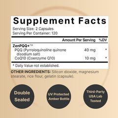 NatureBell PQQ + CoQ10 capsules close-up showing a two-capsule daily serving