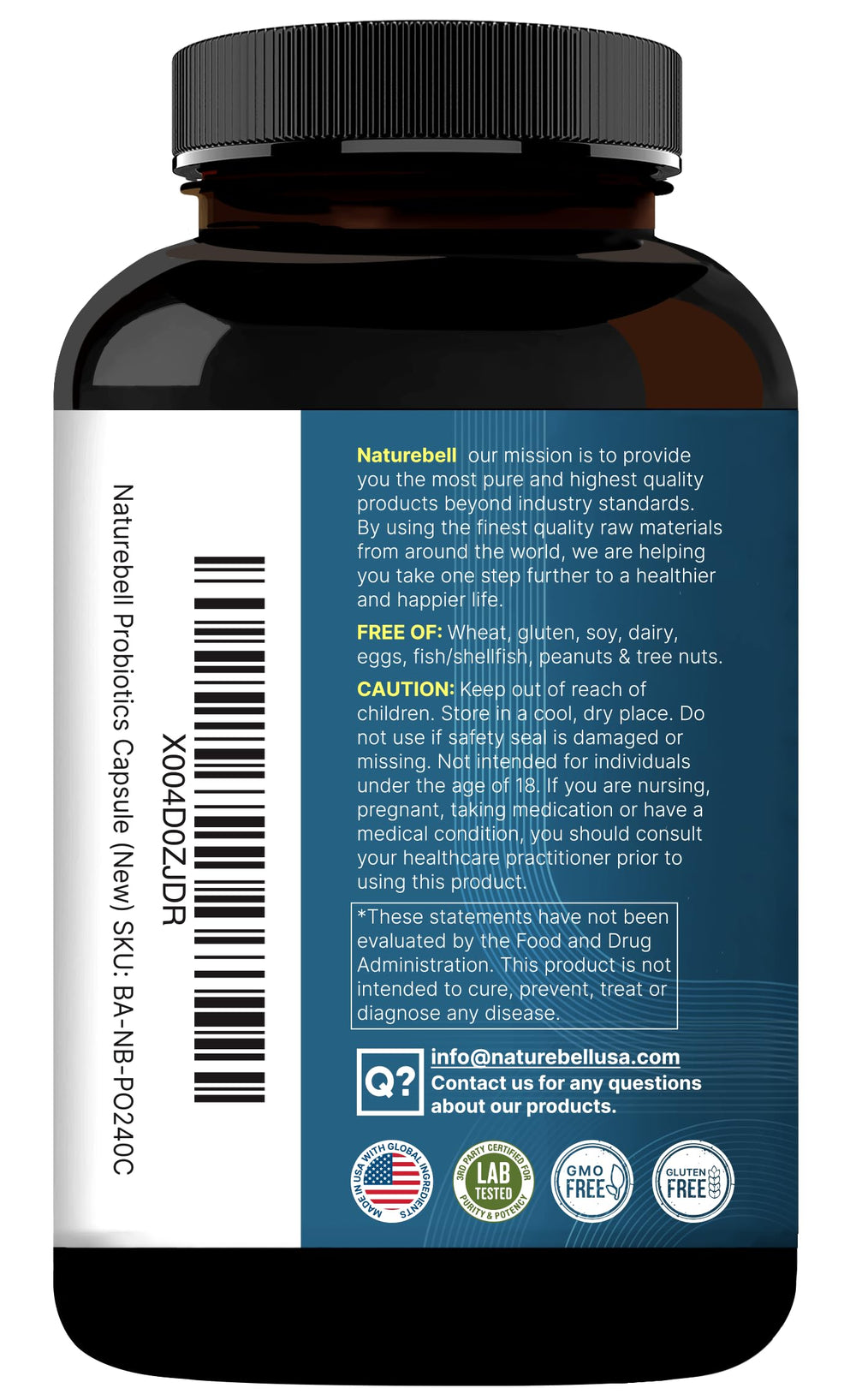 NatureBell bottle on shelf showcasing broad-spectrum probiotic action.