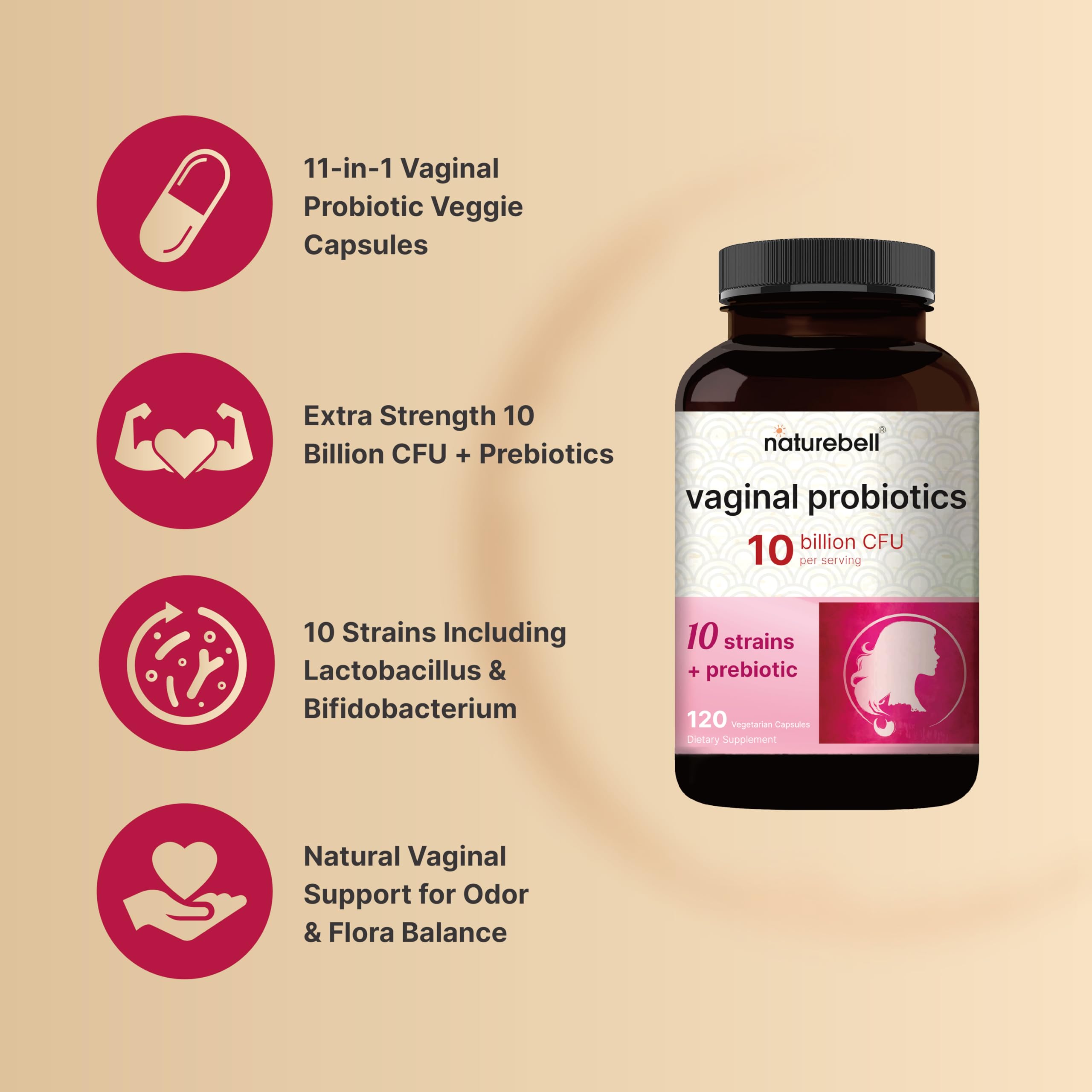 NatureBell probiotic bottle side view highlighting 120 capsules for 60 servings.