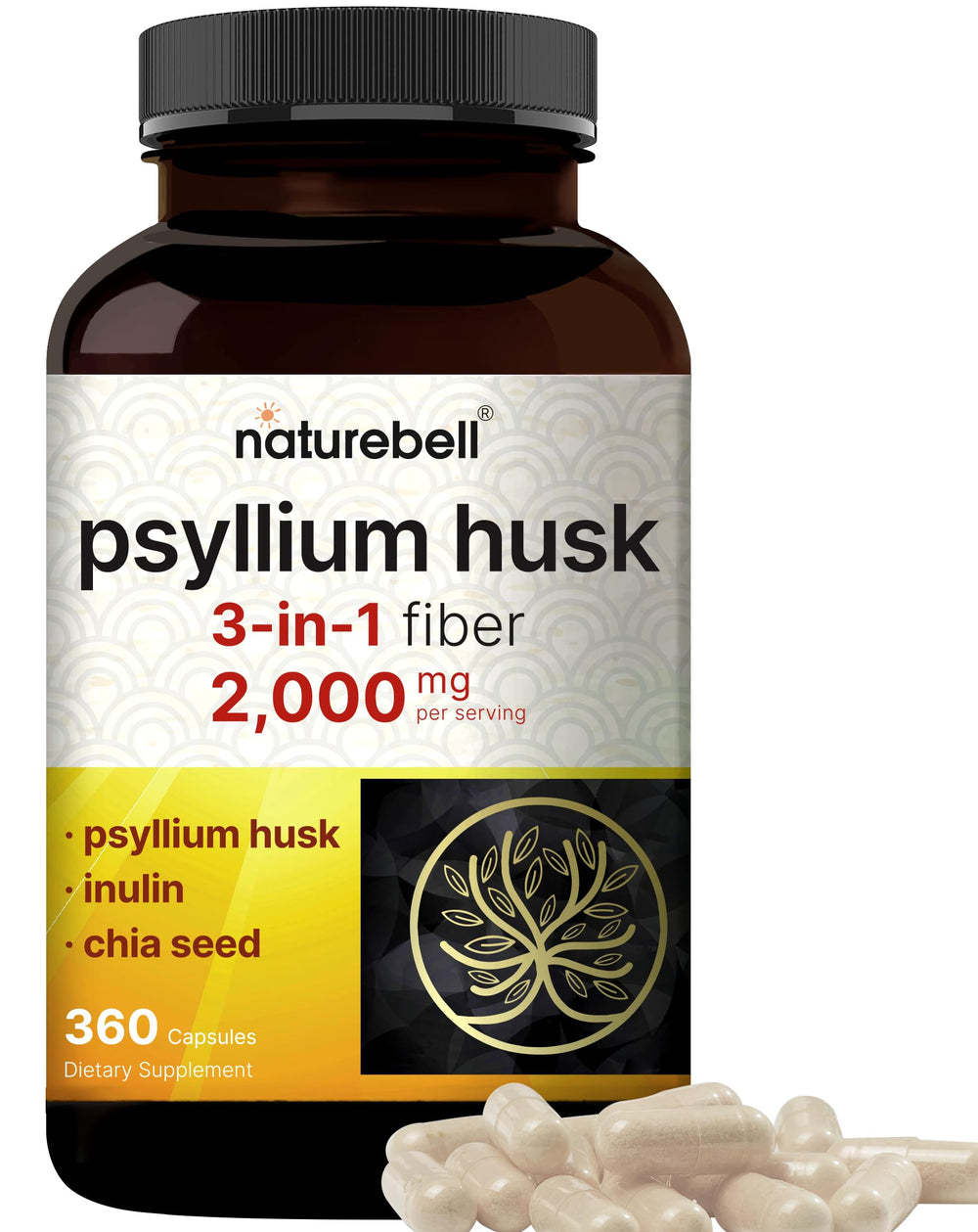 NatureBell Psyllium Husk Capsules bottle shows the 2,000 mg serving for daily digestion support.