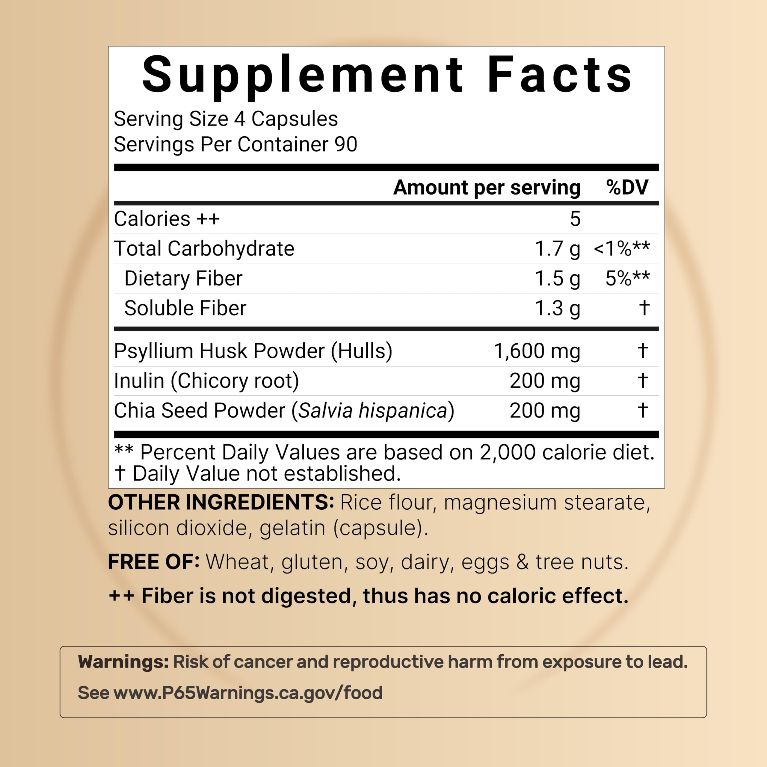 Capsules and serving details highlight the 4-capsule serving for convenient fiber intake.