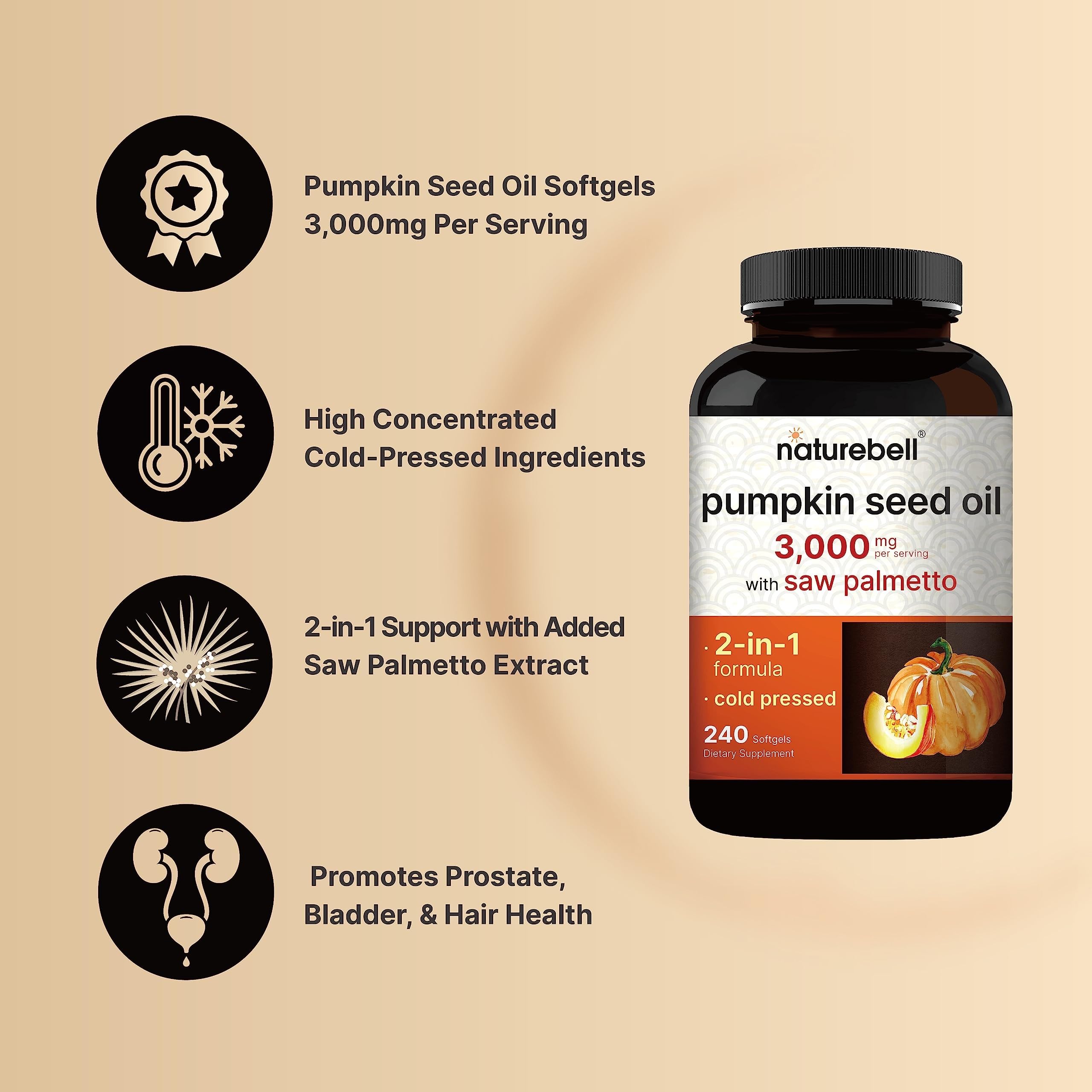 NatureBell pumpkin seed oil softgels close-up highlighting capsules.