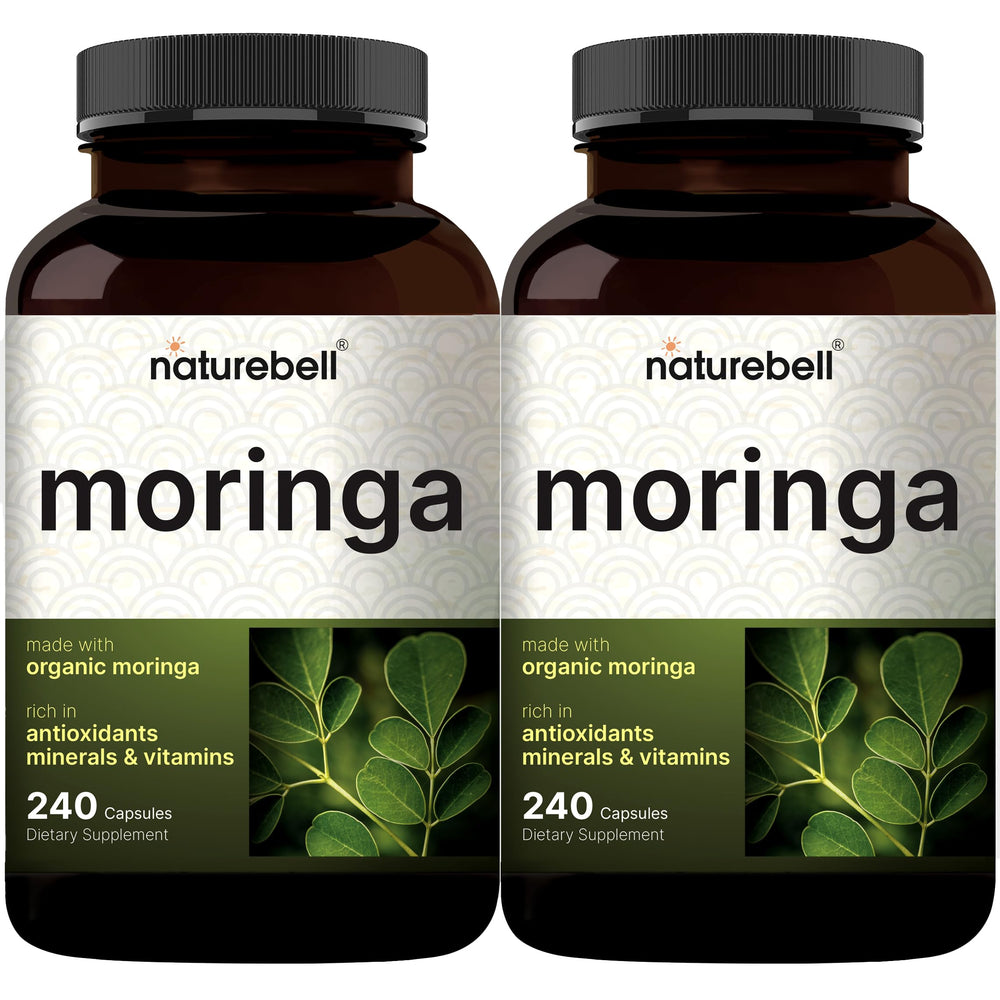 NatureBell Pure Moringa Capsules bottle label indicates premium quality for daily wellness.