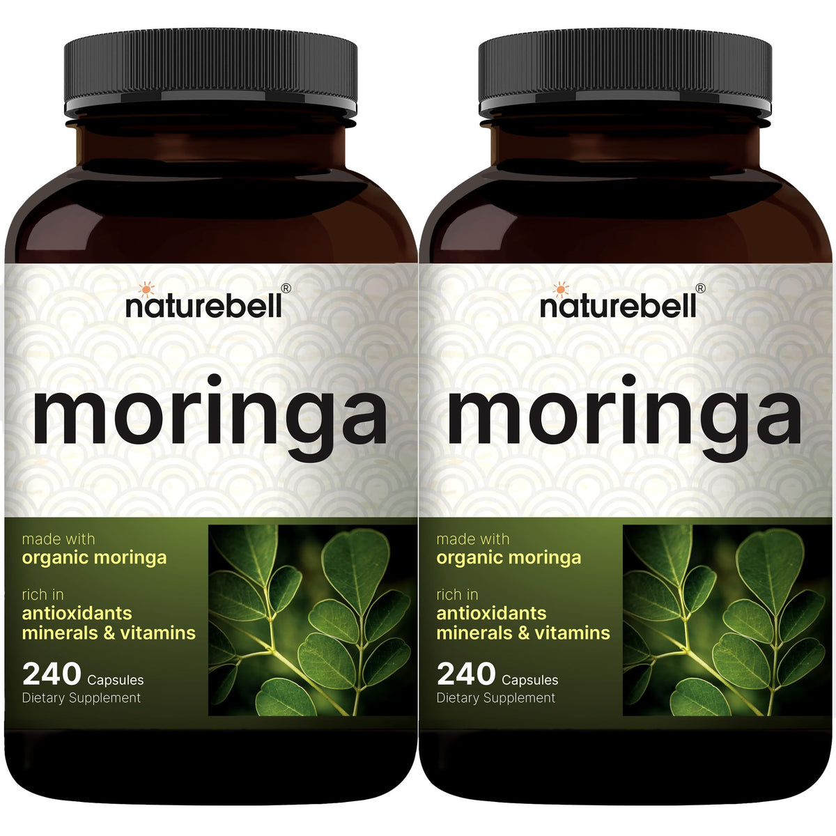 NatureBell Pure Moringa Capsules bottle label indicates premium quality for daily wellness.