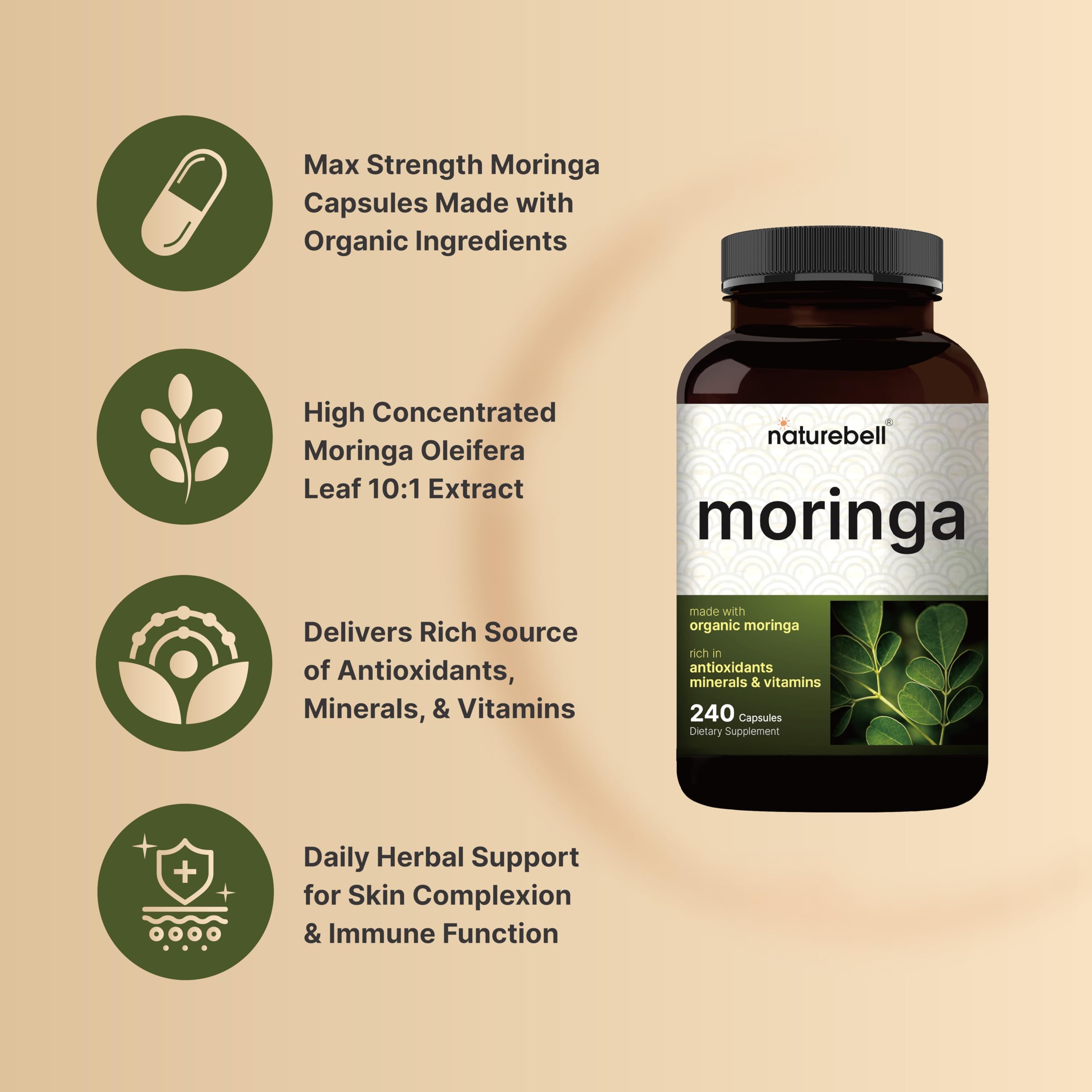 NatureBell Pure Moringa Capsules nutrition label highlights organic moringa content.