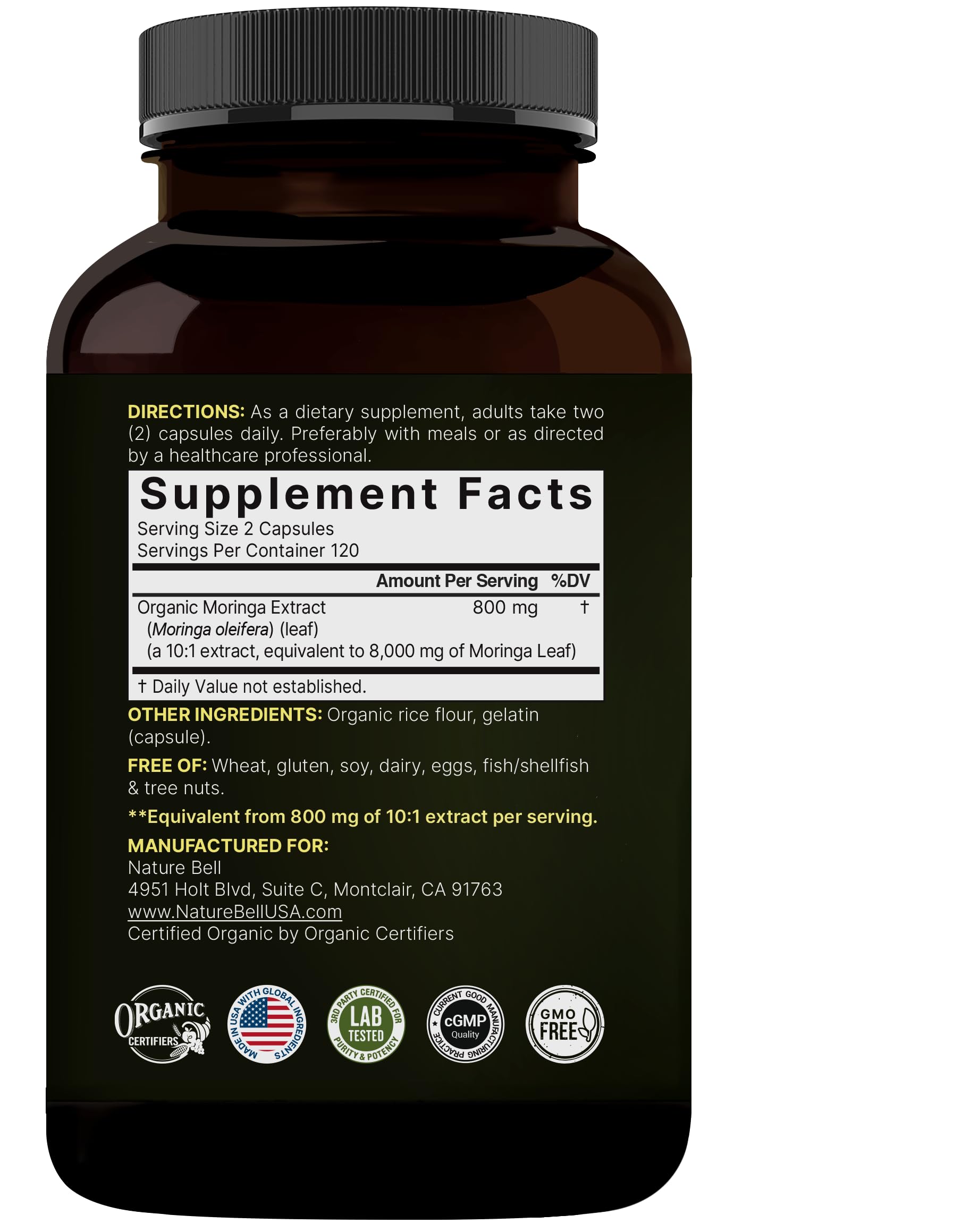 NatureBell Pure Moringa Capsules nutrition panel shows 8,000 mg equivalent per serving.