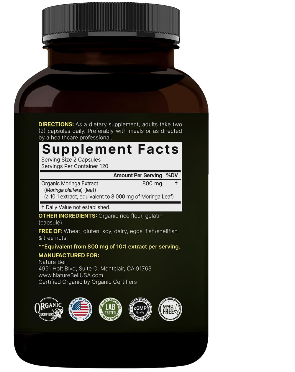 NatureBell Pure Moringa Capsules nutrition panel shows 8,000 mg equivalent per serving.