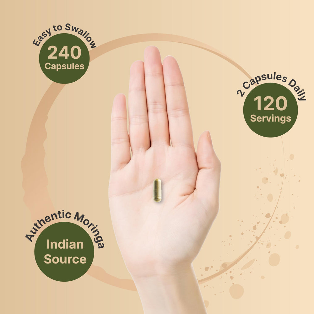 NatureBell Pure Moringa Capsules pouring from bottle into glass for daily use.