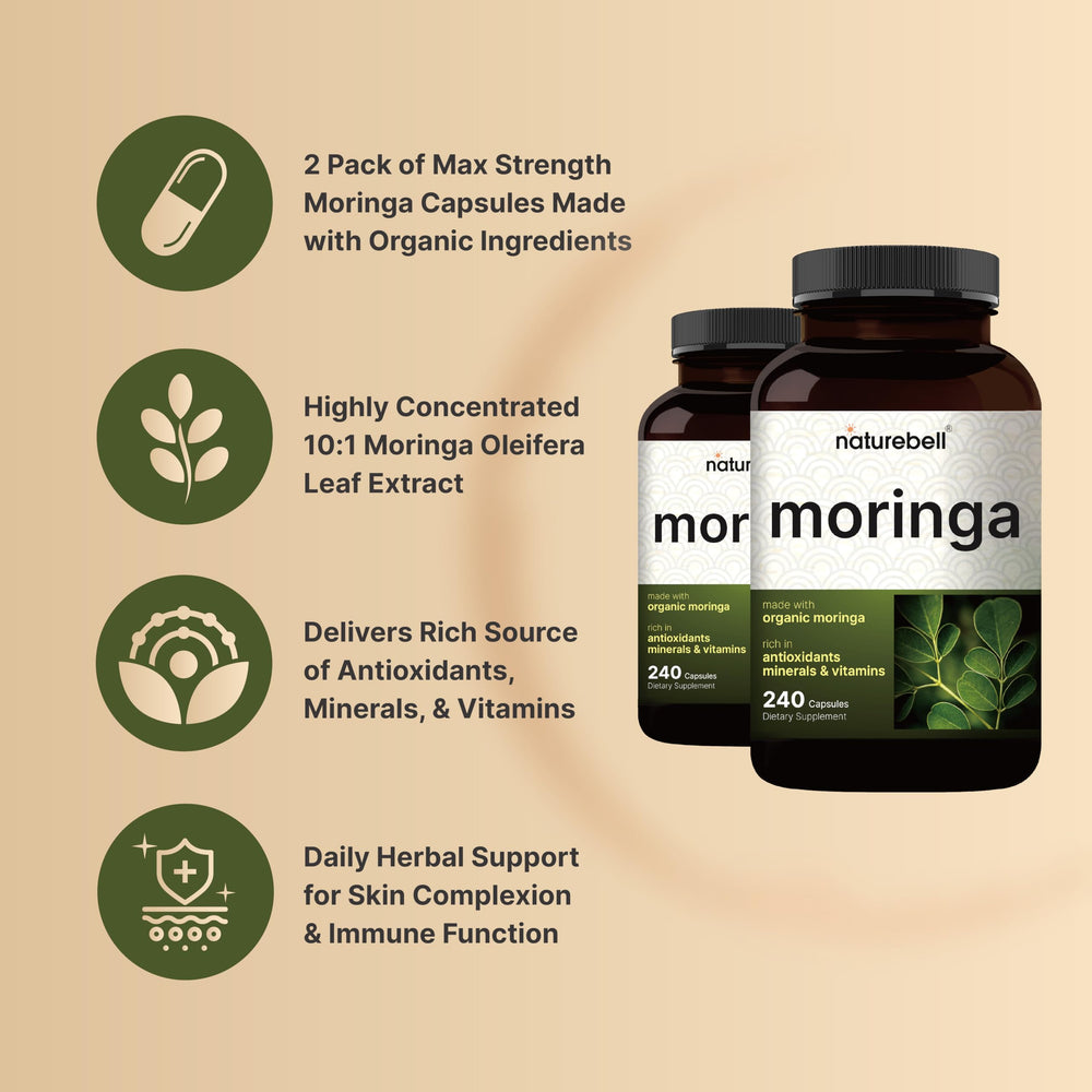 NatureBell Pure Moringa Capsules serving daily setup shows ready-to-take routine.