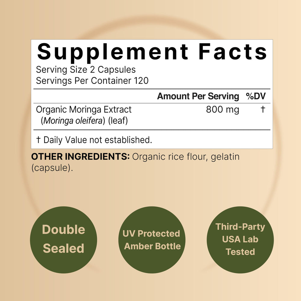 NatureBell Pure Moringa Capsules two-capsule daily dose supports energy metabolism.