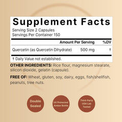 NatureBell quercetin capsules closeup showing 500mg per serving.