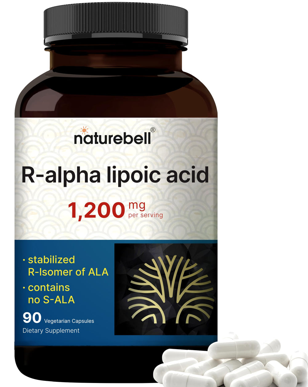 NatureBell R-Alpha Lipoic Acid bottle front displaying 1,200 mg R-ALA potency