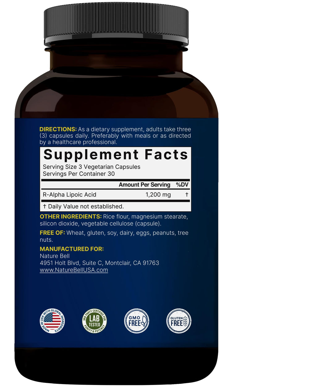 Vegetarian capsules of NatureBell R-Alpha Lipoic Acid option for plant-based diets