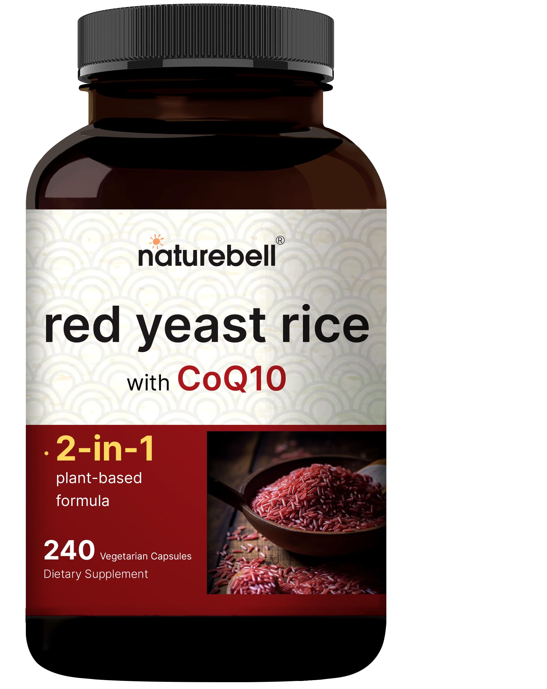 NatureBell Red Yeast Rice with CoQ10 capsules on bottle for daily heart support